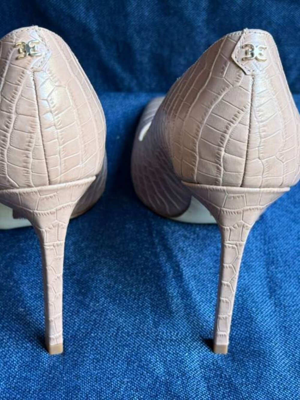 Size 9.5 - Sam Edelman Beth Nude Pink Croc Embossed Square Toe Pumps